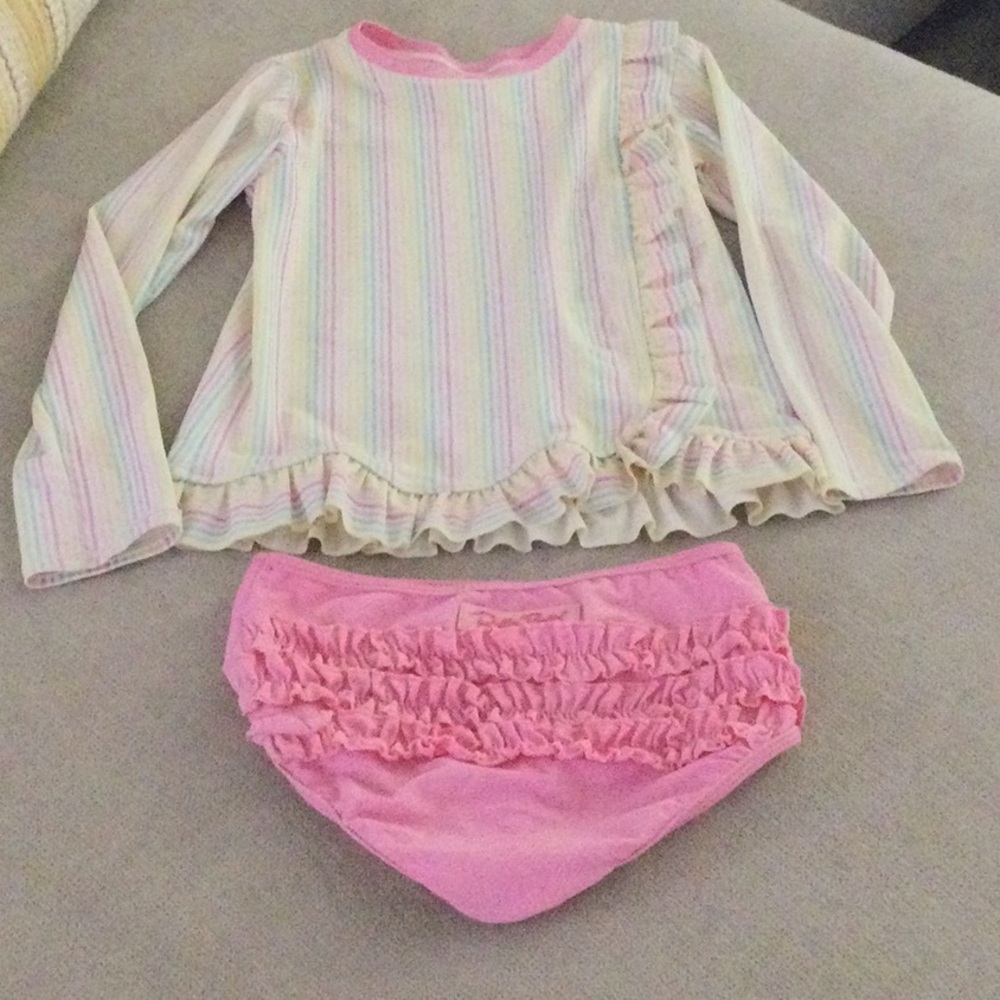 Ruffle Butts Striped Ruffle Kids Outfit - Pink and Cream size 8